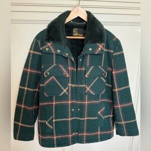 Vintage Wool Tartan Plaid coat lined in faux shearling sherpa